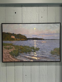 "Moonrise Over Ram Island" Oil painting, impressionistic seascape view with moon