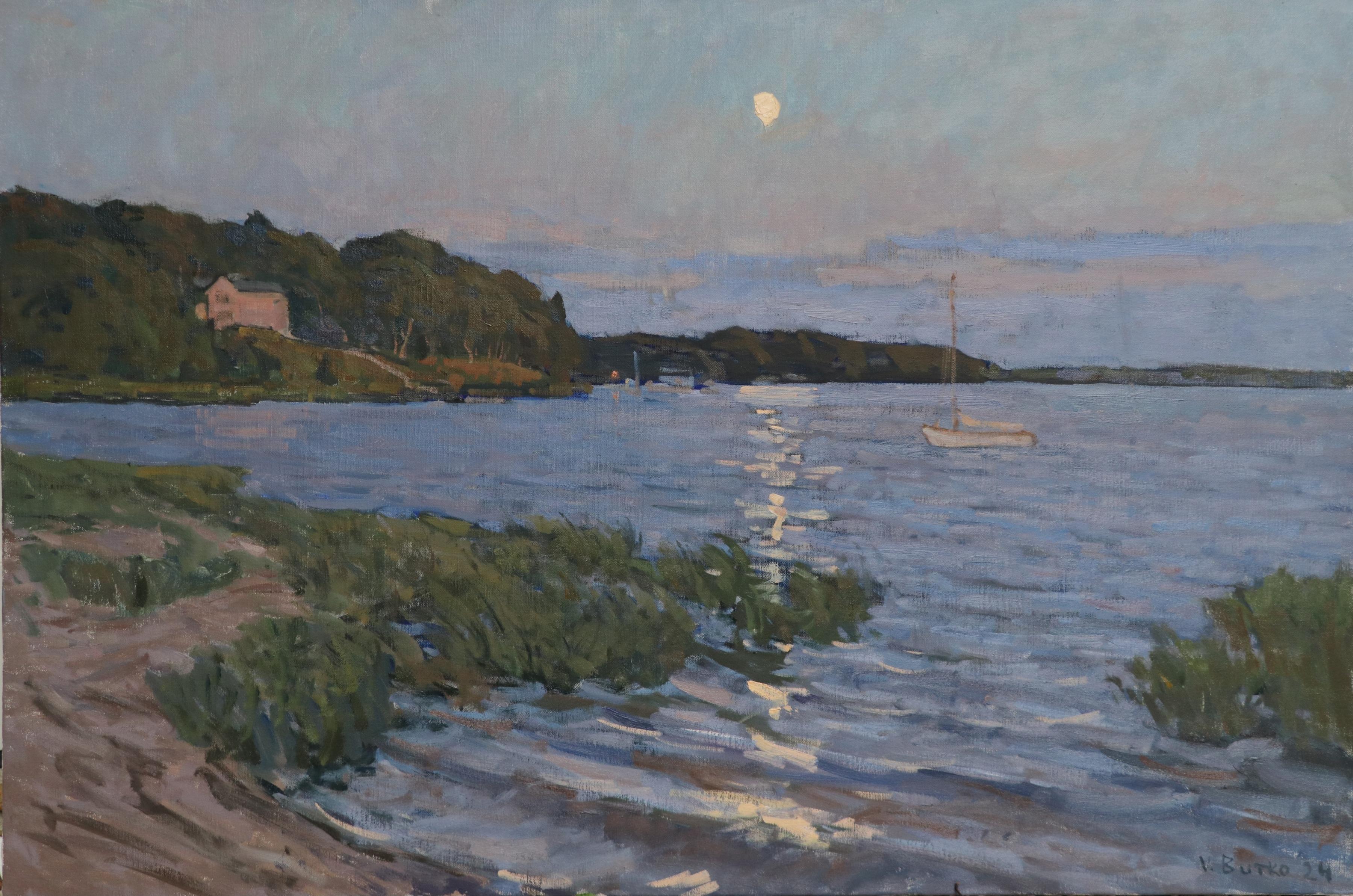 "Lever de lune sur l'île de Ram" Peinture à l'huile, paysage marin impressionniste avec lune