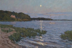 "Moonrise Over Ram Island" Oil painting, impressionistic seascape view with moon