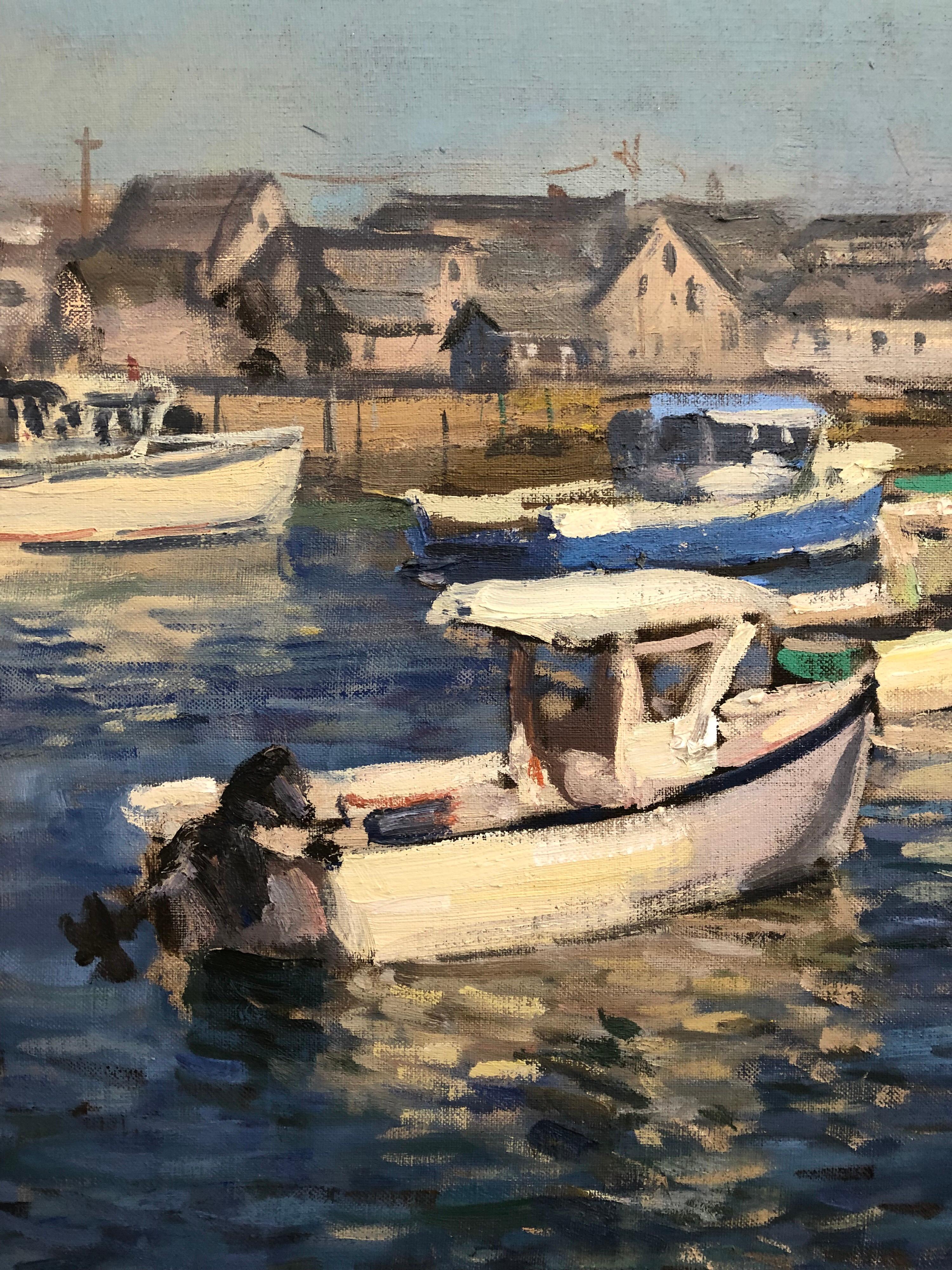 Morning at T-Wharf, Rockport - Gray Landscape Painting by Viktor Butko