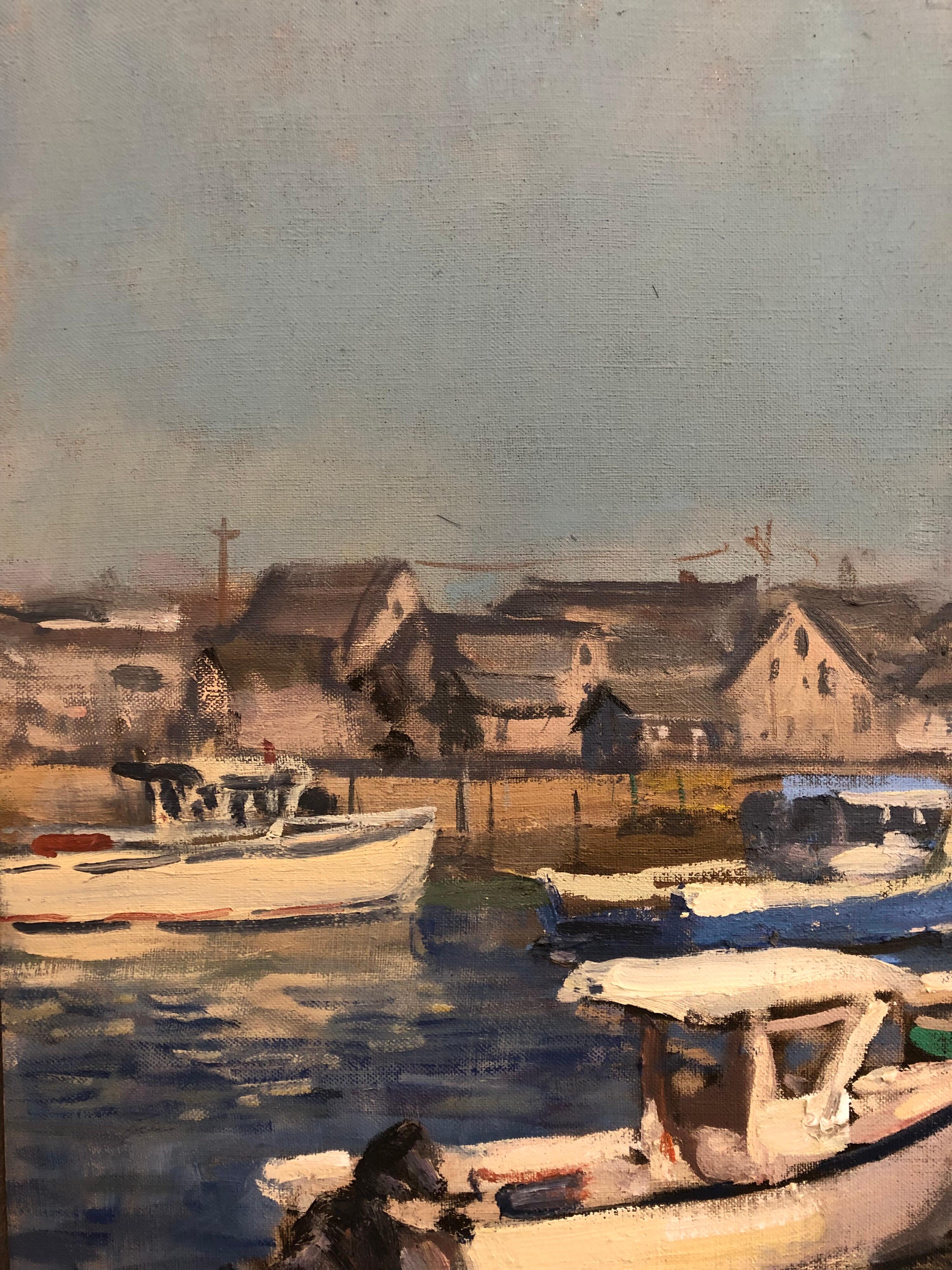 Rockport, MA has been a prominent plein air spot for painters for over a century. Butko's painting of moored boats at T-Wharf shows a bright summer morning, with brilliant blue water and an iconic red shack on the docks.
Viktor Butko was born in