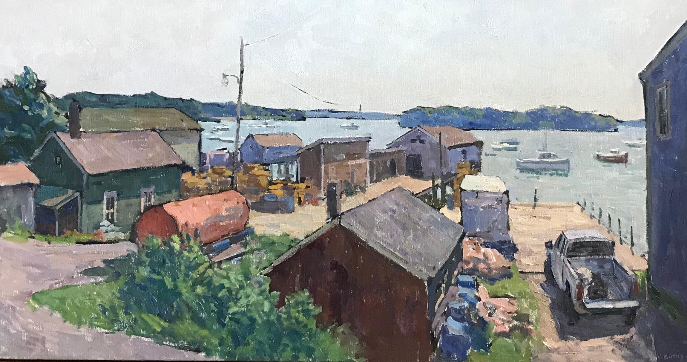 Still-Life Painting Viktor Butko - Morning in Friendship, 2023, peinture à l'huile impressionniste d'un quai dans le Maine
