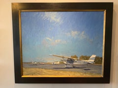 "N10092" Pintura al óleo de un pequeño avión, Aeropuerto de East Hampton - marco negro