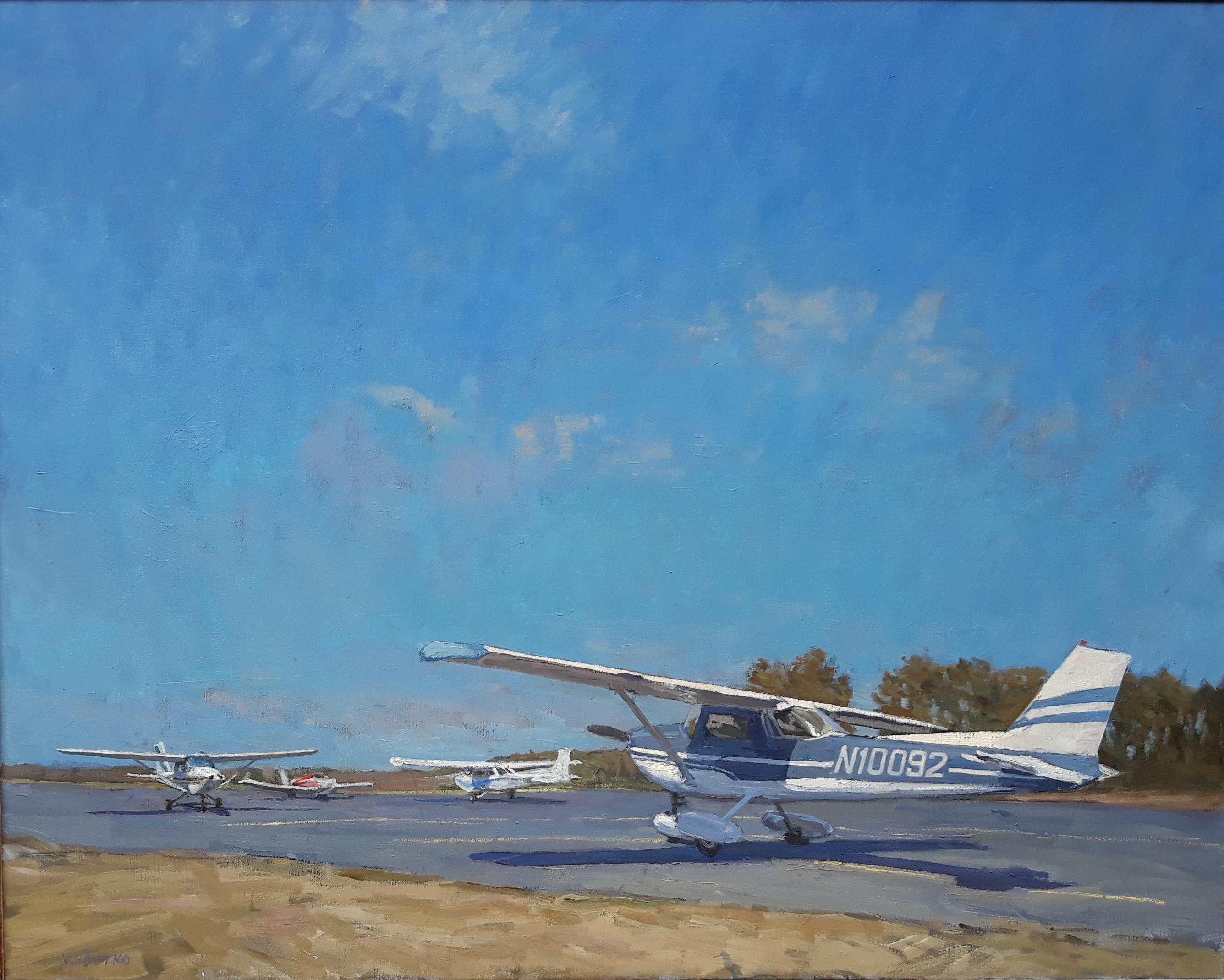 Figurative Painting de Viktor Butko - "N10092" Pintura al óleo de un pequeño avión, Aeropuerto de East Hampton - marco negro