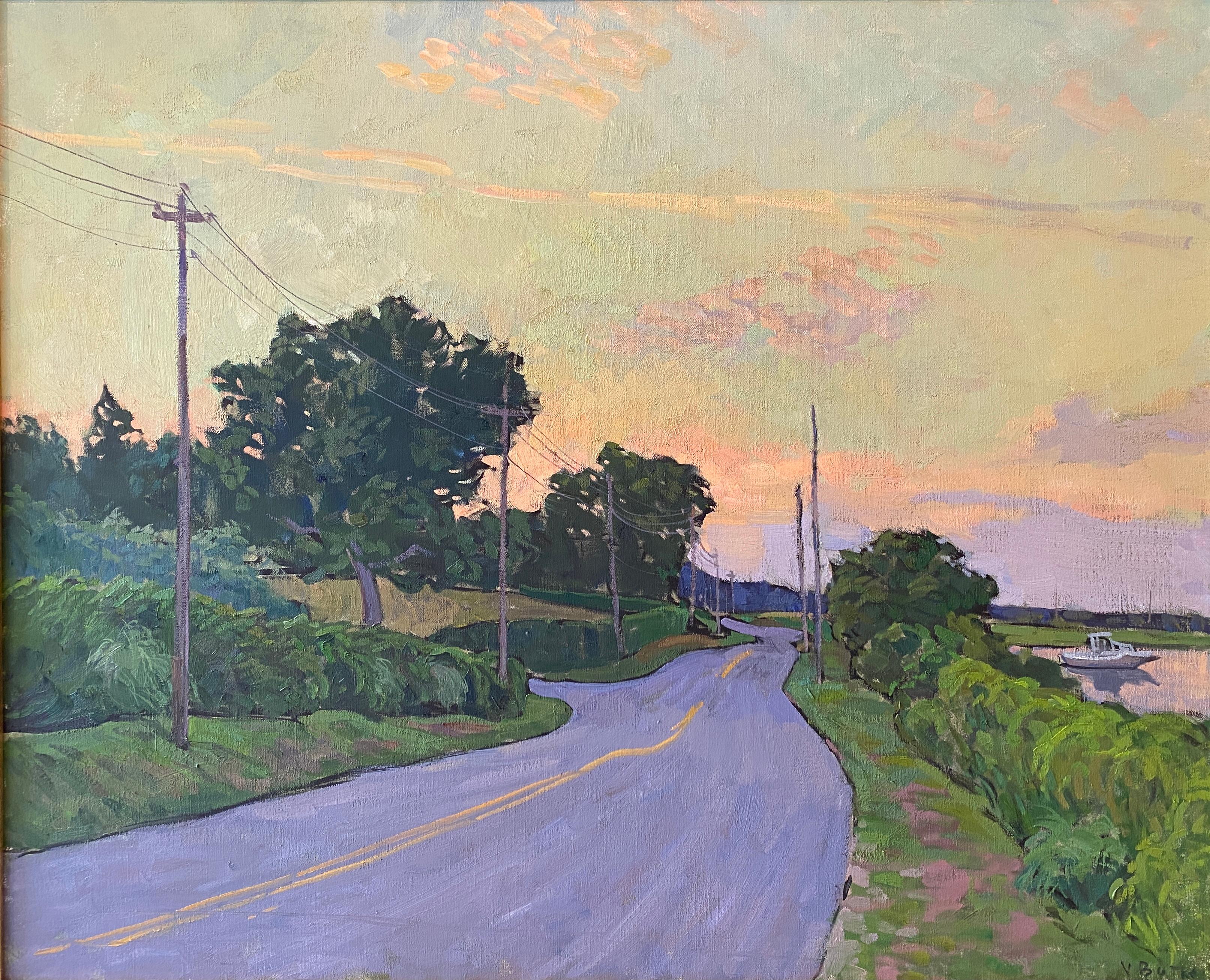 Figurative Painting de Viktor Butko - "De camino a Ram Island" Escena veraniega de Shelter Island pintada en plein air