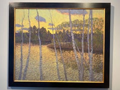 "Sobre el estanque, luz vespertina" paisaje marino impresionista contemporáneo entre árboles