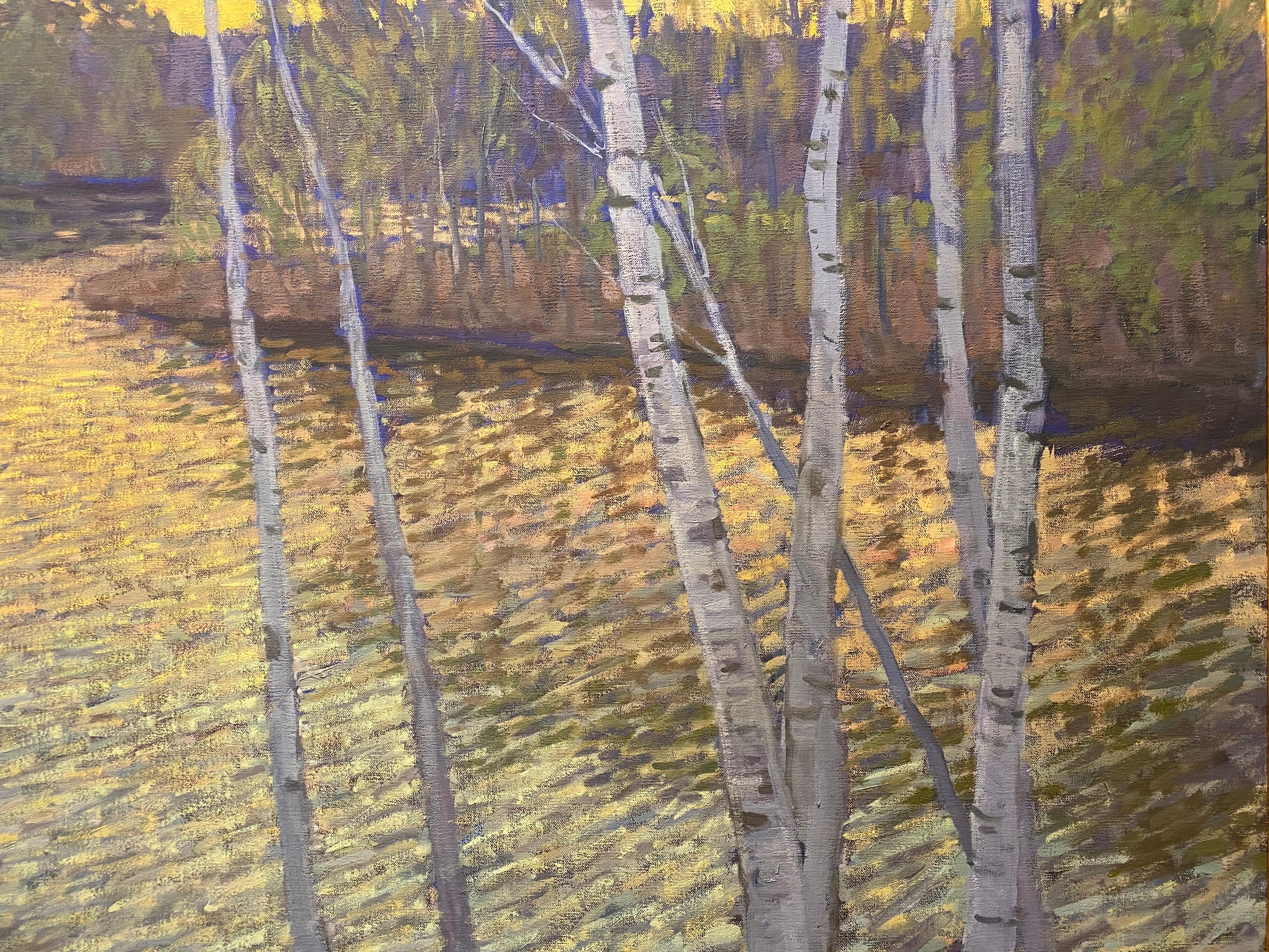 Pintura al óleo de un paisaje marino al atardecer, del impresionista ruso contemporáneo Viktor Butko. Altos y delgados abedules se extienden por el primer plano y hacia el cielo. Detrás de ellos, un río lustroso, ondulaba con una corriente. Pintado