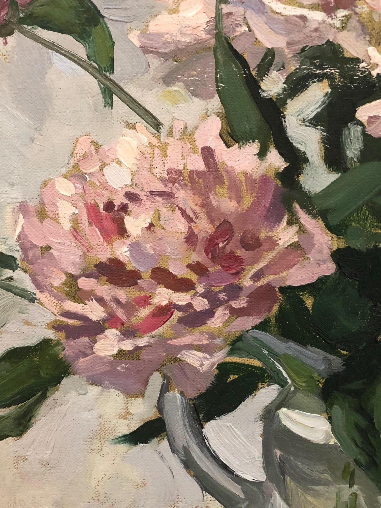Pink Peonies - Brown Still-Life Painting by Viktor Butko