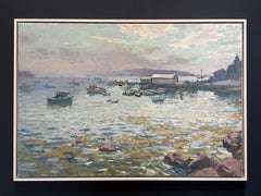 "Play of Fog and Sun" plein air, oil painting, Maine seascape with boats, framed