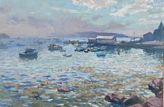 "Play of Fog and Sun" plein air oil painting in Stonington, Maine, cool tones