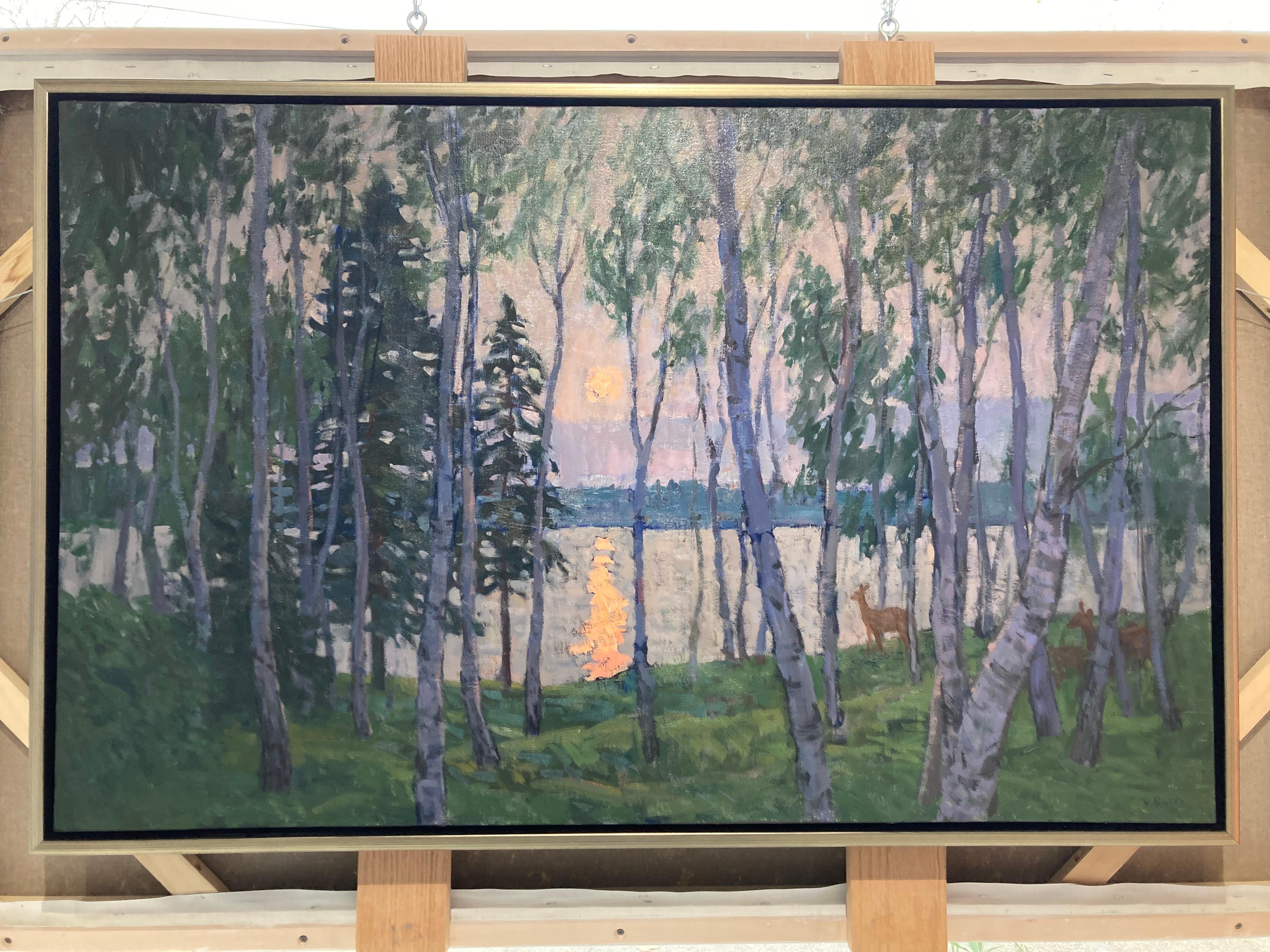 Silvery Sunset - 2023 peinture à l'huile impressionniste, en plein air à Shelter Island - Painting de Viktor Butko