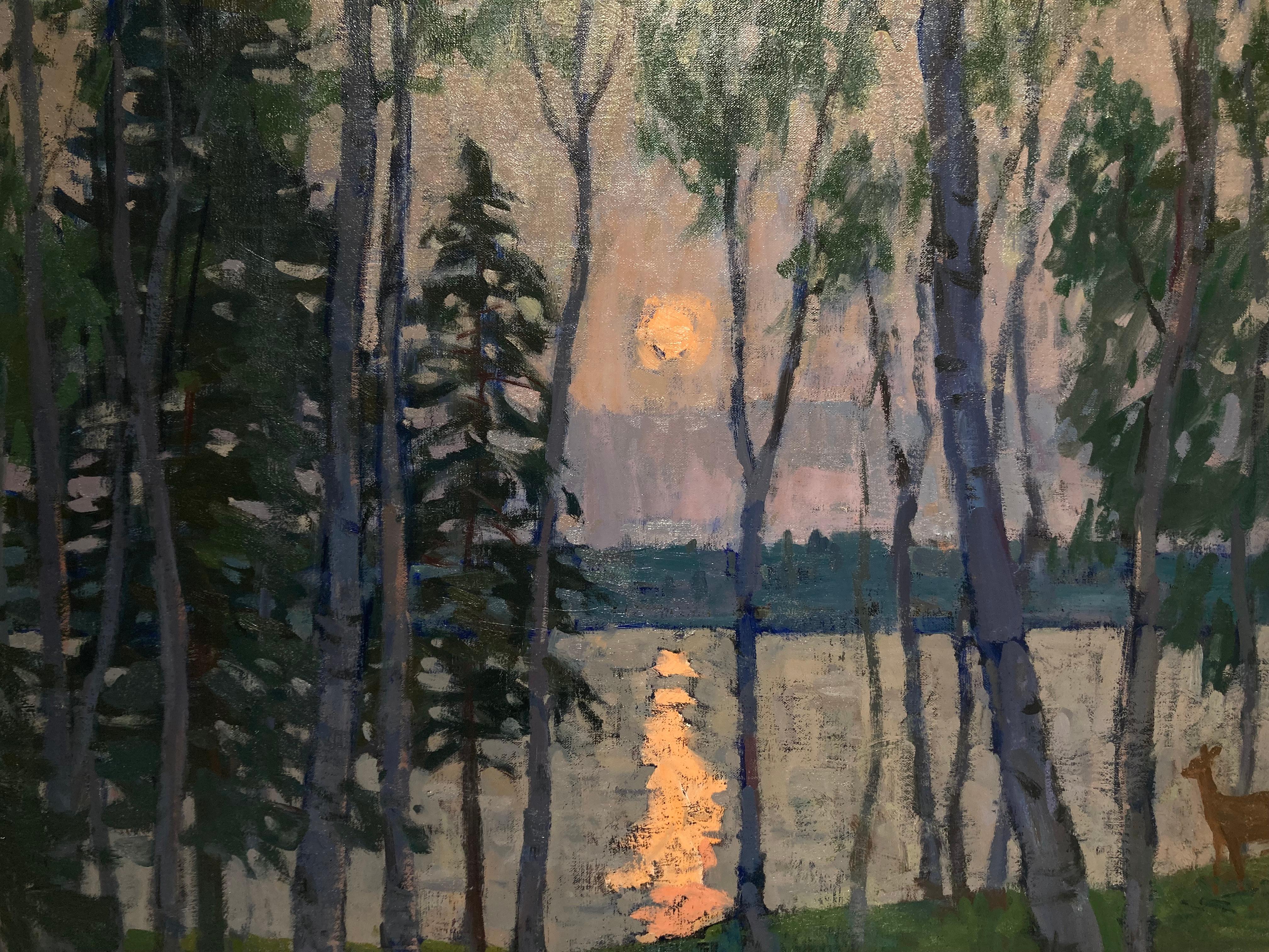 Silvery Sunset - 2023 peinture à l'huile impressionniste, en plein air à Shelter Island en vente 1