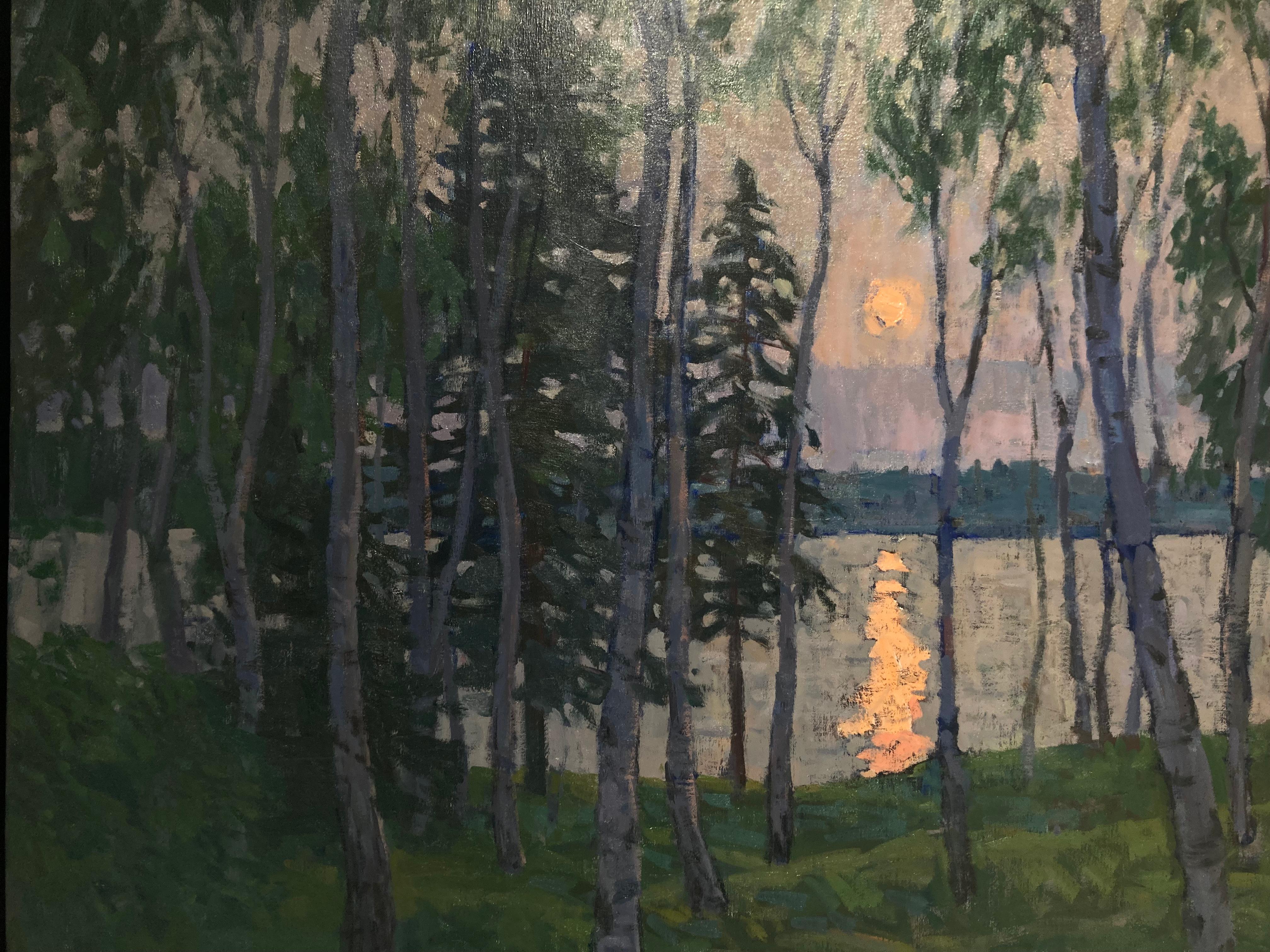 Silvery Sunset - 2023 peinture à l'huile impressionniste, en plein air à Shelter Island en vente 2