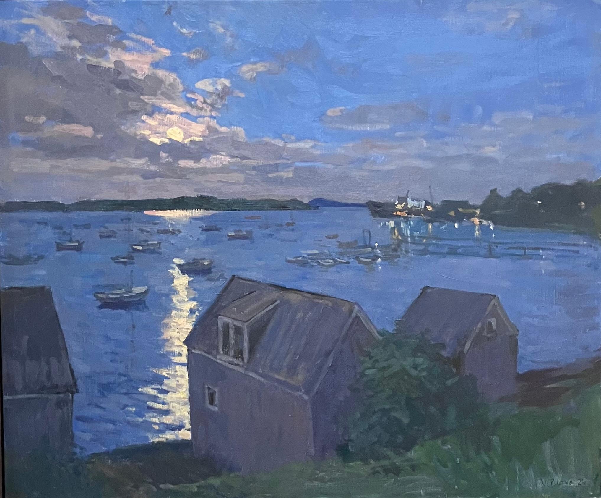 Viktor Butko Landscape Painting - "Sturgeon Moon" Contemporary Impressionist night seascape in Northeast harbor