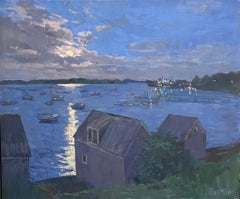 "Sturgeon Moon" Contemporary Impressionist night seascape in Northeast harbor