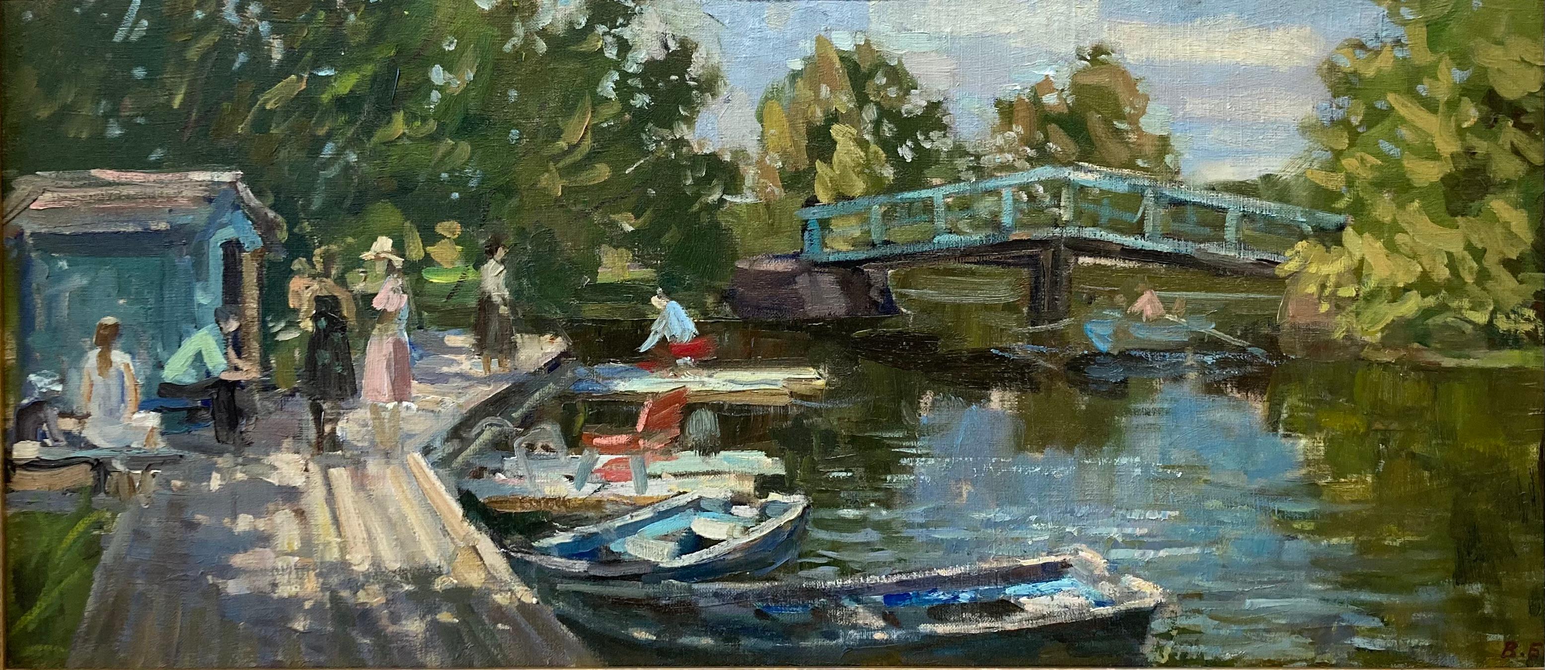 Summer on the Canal - 1999, peinture à l'huile impressionniste