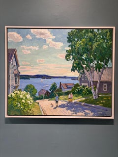 “Sunny Afternoon” impressionist oil painting, village landscape, birch, seascape