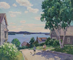 "Pomeriggio di sole" pittura a olio impressionista, paesaggio di paese, betulla, paesaggio marino