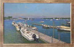 "Sunny Day at Dering Harbor" zeitgenössische Pleinairmalerei von Booten auf einem Hafenbecken