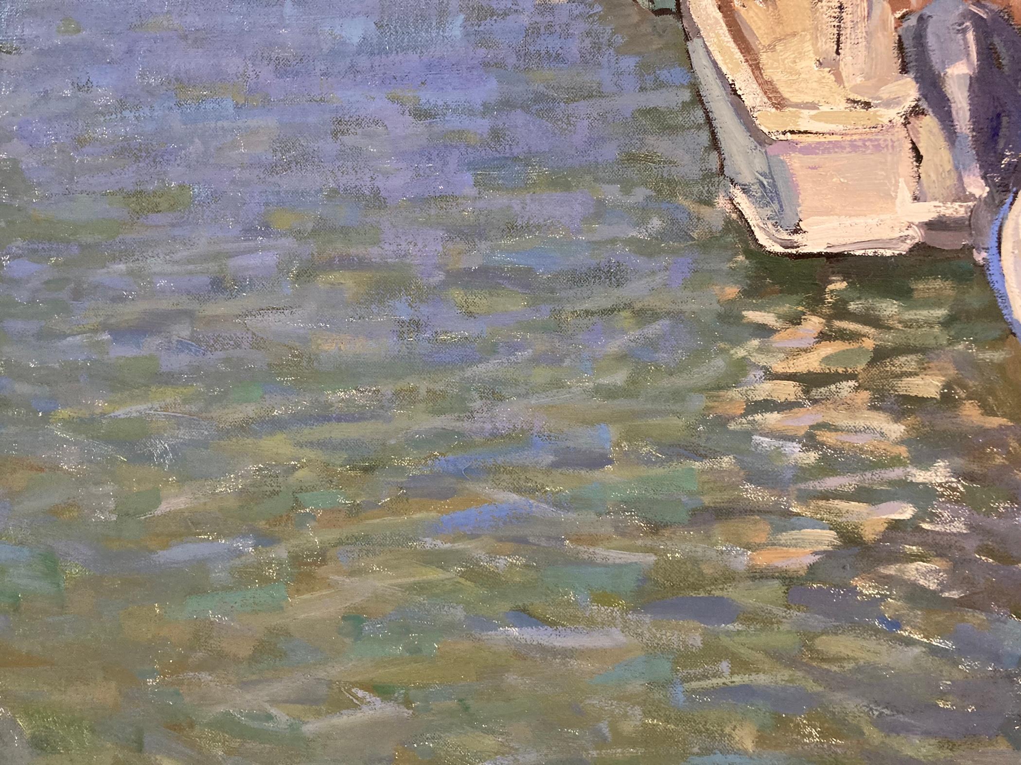 A painting of boats docked in a harbor. Loose brushstrokes in the lower lefthand corner indicate ripples in shallow water, shades of green and teal. The water becomes a deeper richer blue, with flecks of cerulean and periwinkle as it reaches the