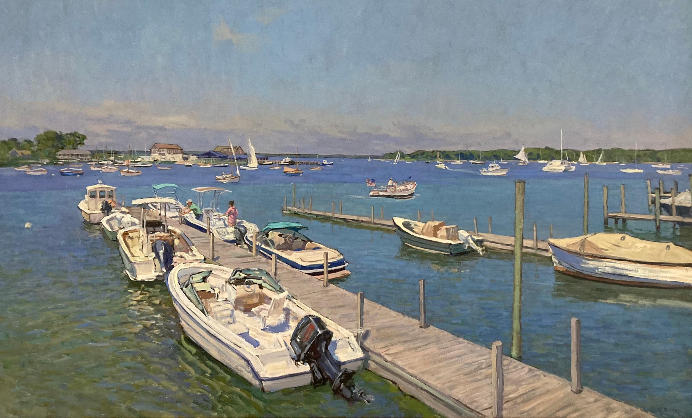 "Sunny Day at Dering Harbor" peinture contemporaine en plein air de bateaux sur un quai. 