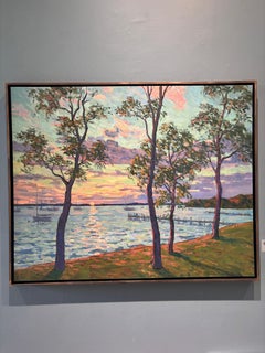 “Sunset at Dering Harbor” landscape oil painting, evening light, Shelter Island