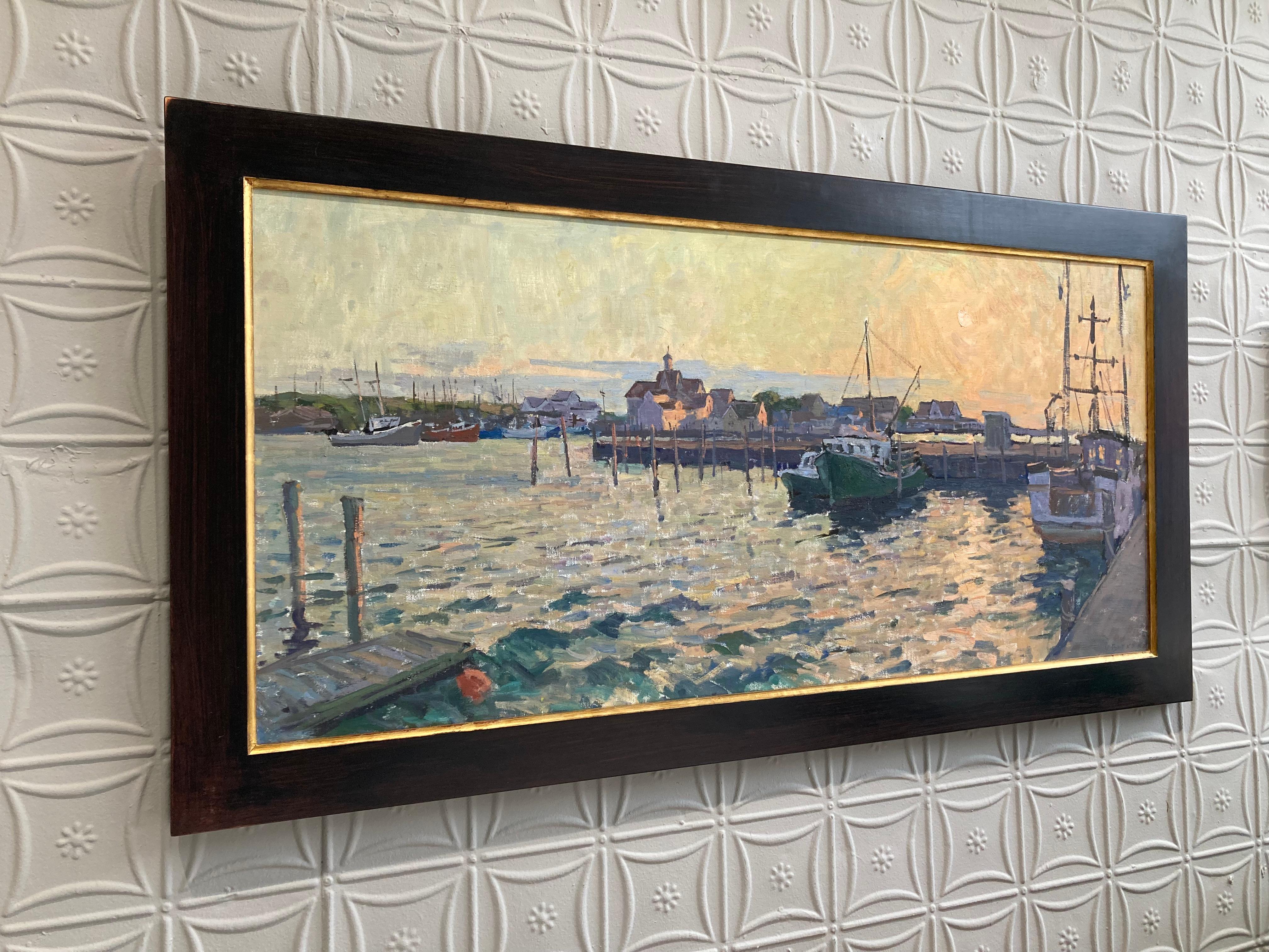 Sunset at Montauk Harbor - 2023, peinture à l'huile impressionniste en plein air de bateaux en vente 7