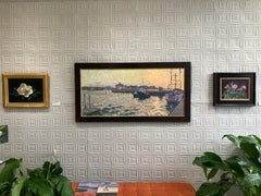 Sunset at Montauk Harbor - 2023 impressionistic plein air oil painting of boats
