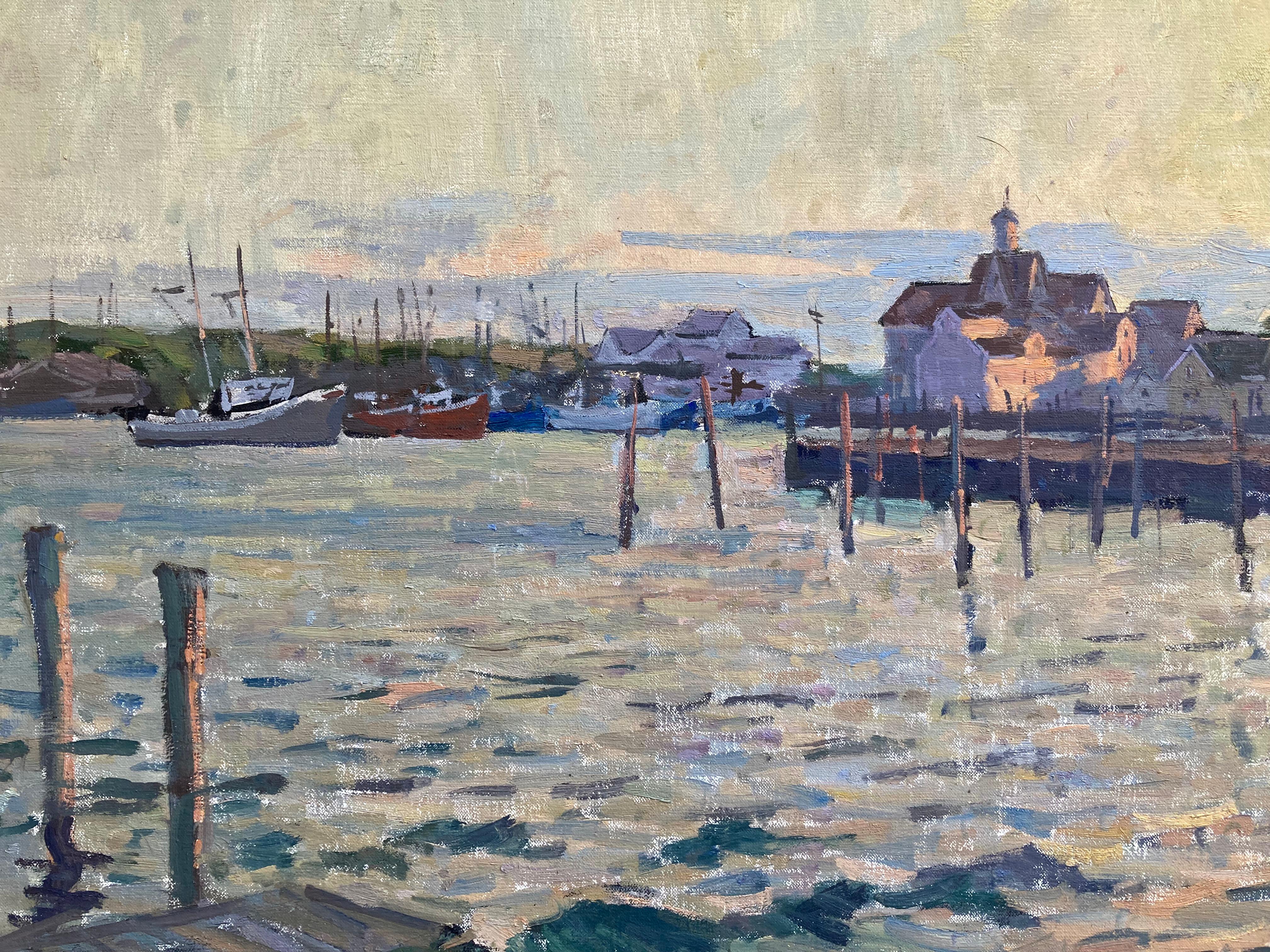 Sunset at Montauk Harbor - 2023 impressionistic plein air oil painting of boats For Sale 4