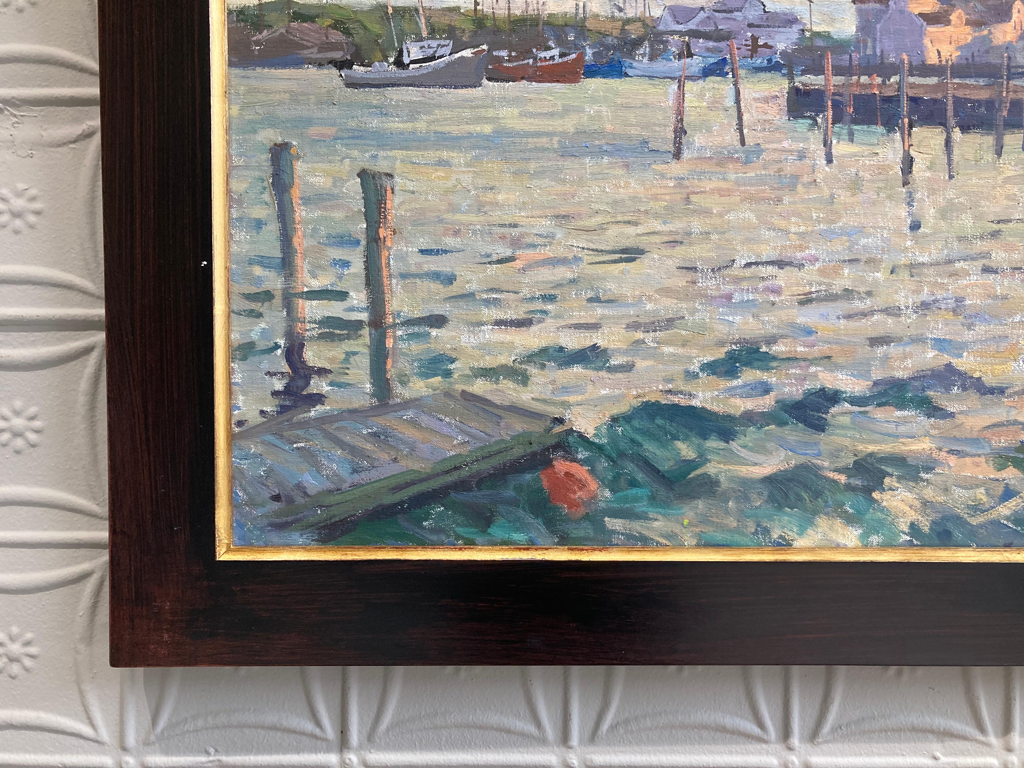Sunset at Montauk Harbor - 2023 impressionistic plein air oil painting of boats For Sale 5