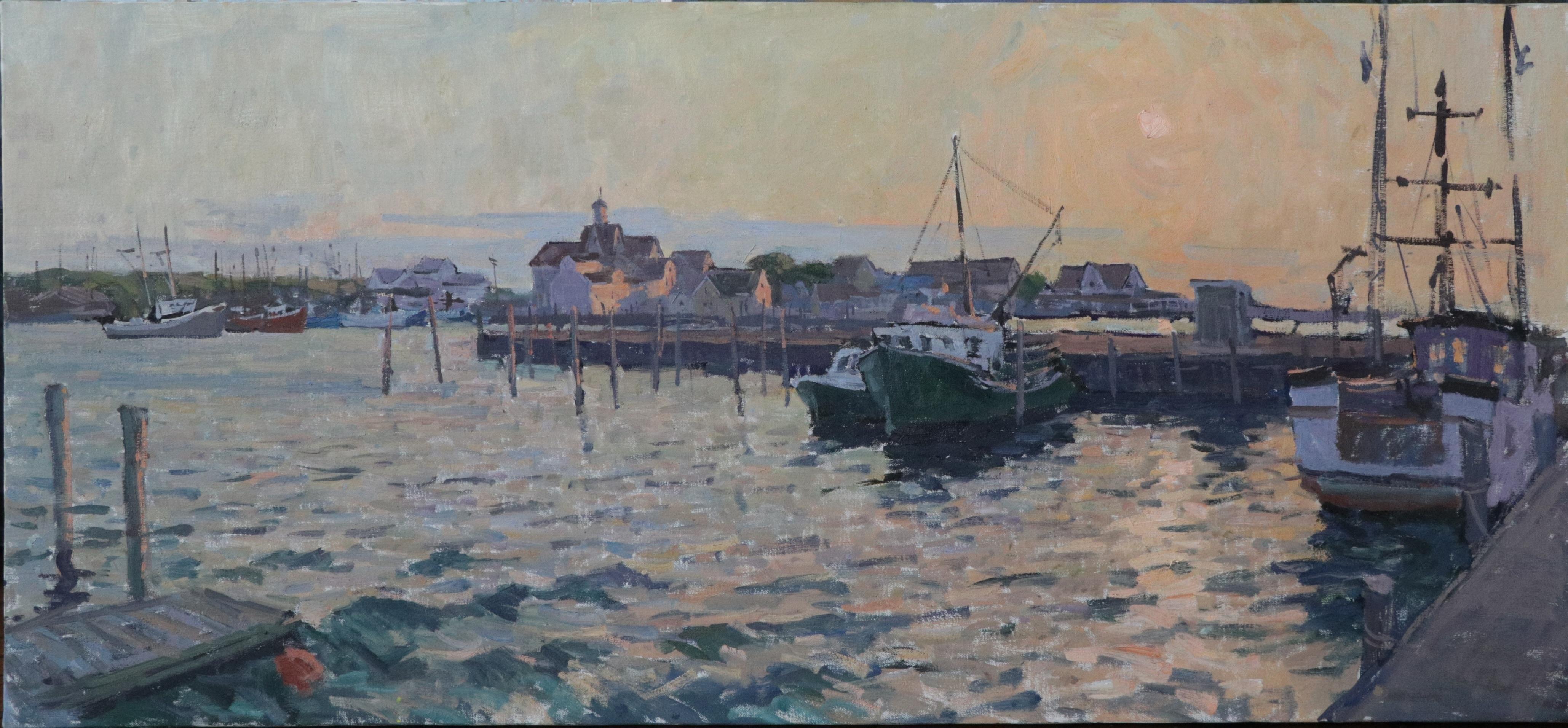 Still-Life Painting Viktor Butko - Sunset at Montauk Harbor - 2023, peinture à l'huile impressionniste en plein air de bateaux