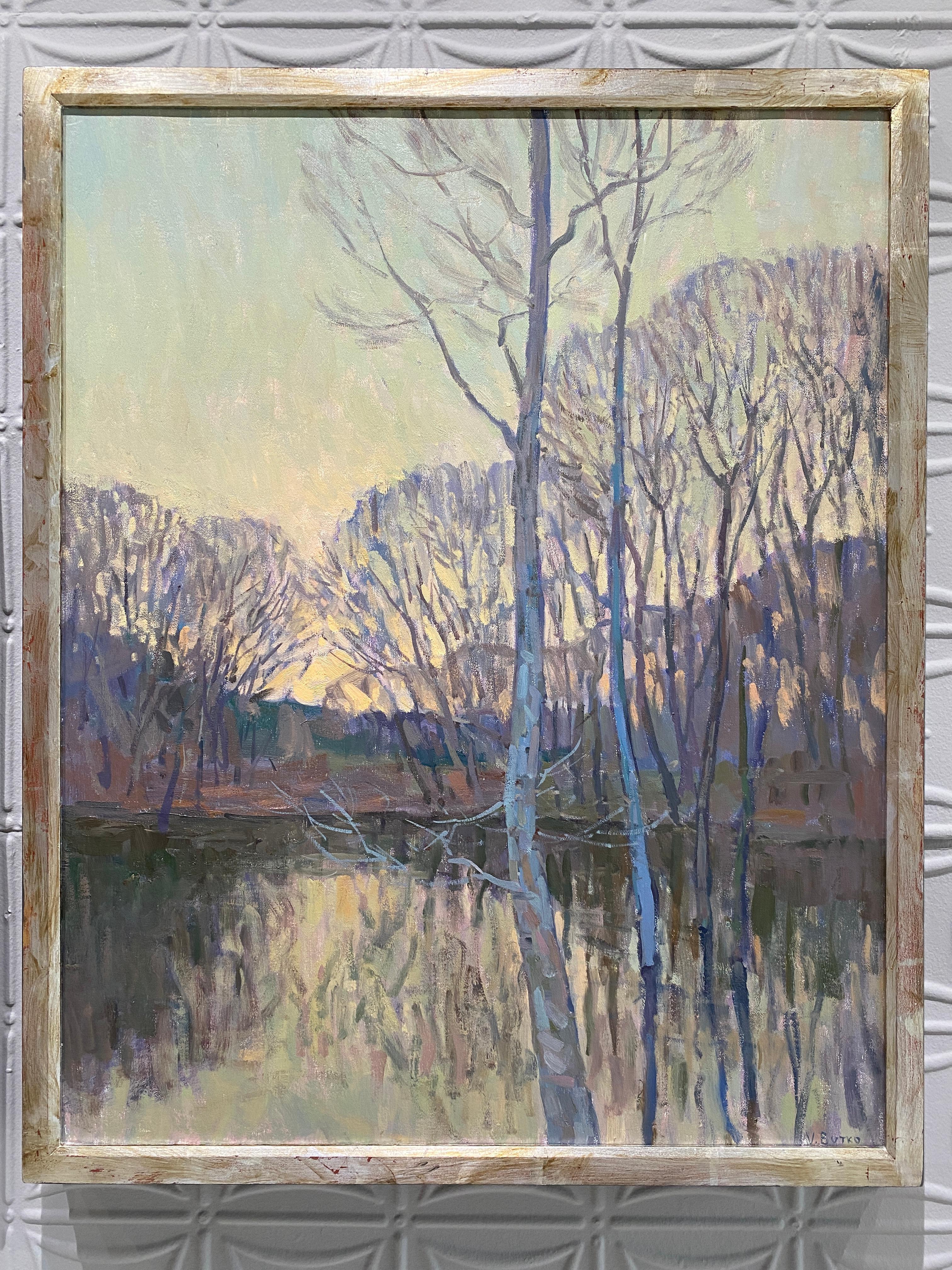 Sunset on Silver Pond, Diptych - Painting by Viktor Butko