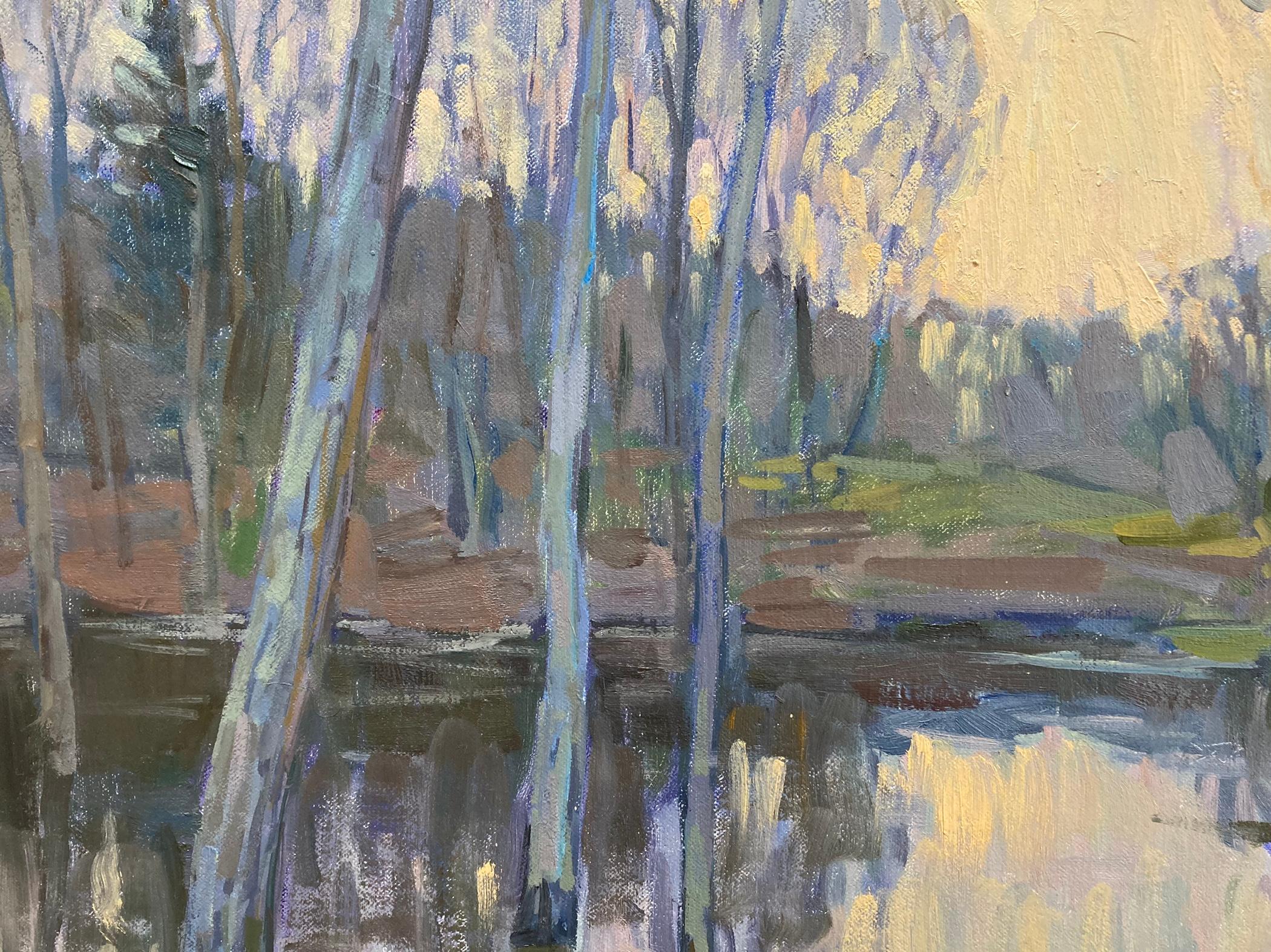 Two paintings, sold together. Both paintings show birch trees on a pond at the first hint of twilight, sky above still a pale blue fading to a light peach. Everything cast in a light lavender hue. Short impressionist brushstrokes make up the trees
