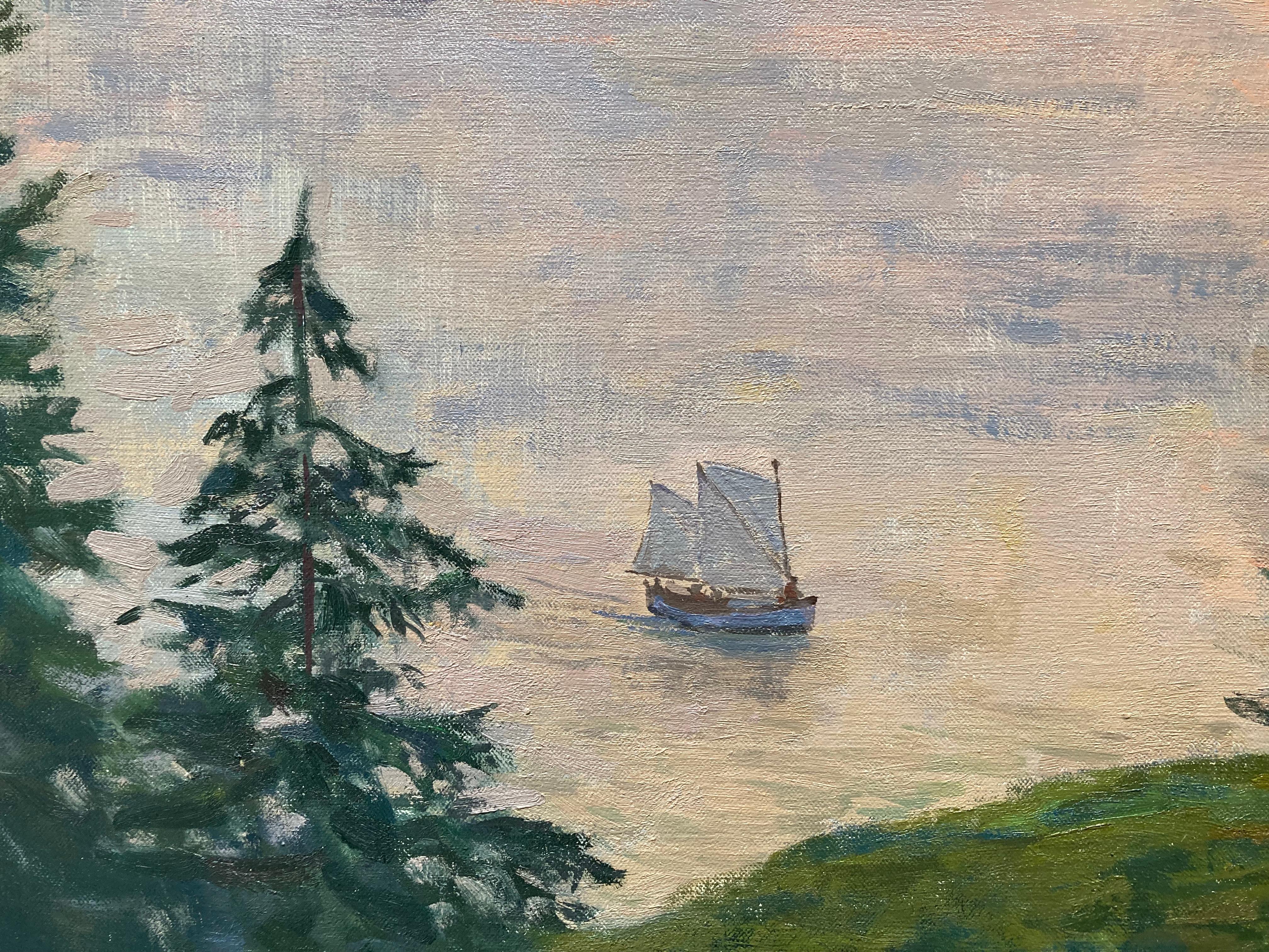 Sunset Over the Islands - 2023 Impressionist Harbor - peinture en plein air en vente 1