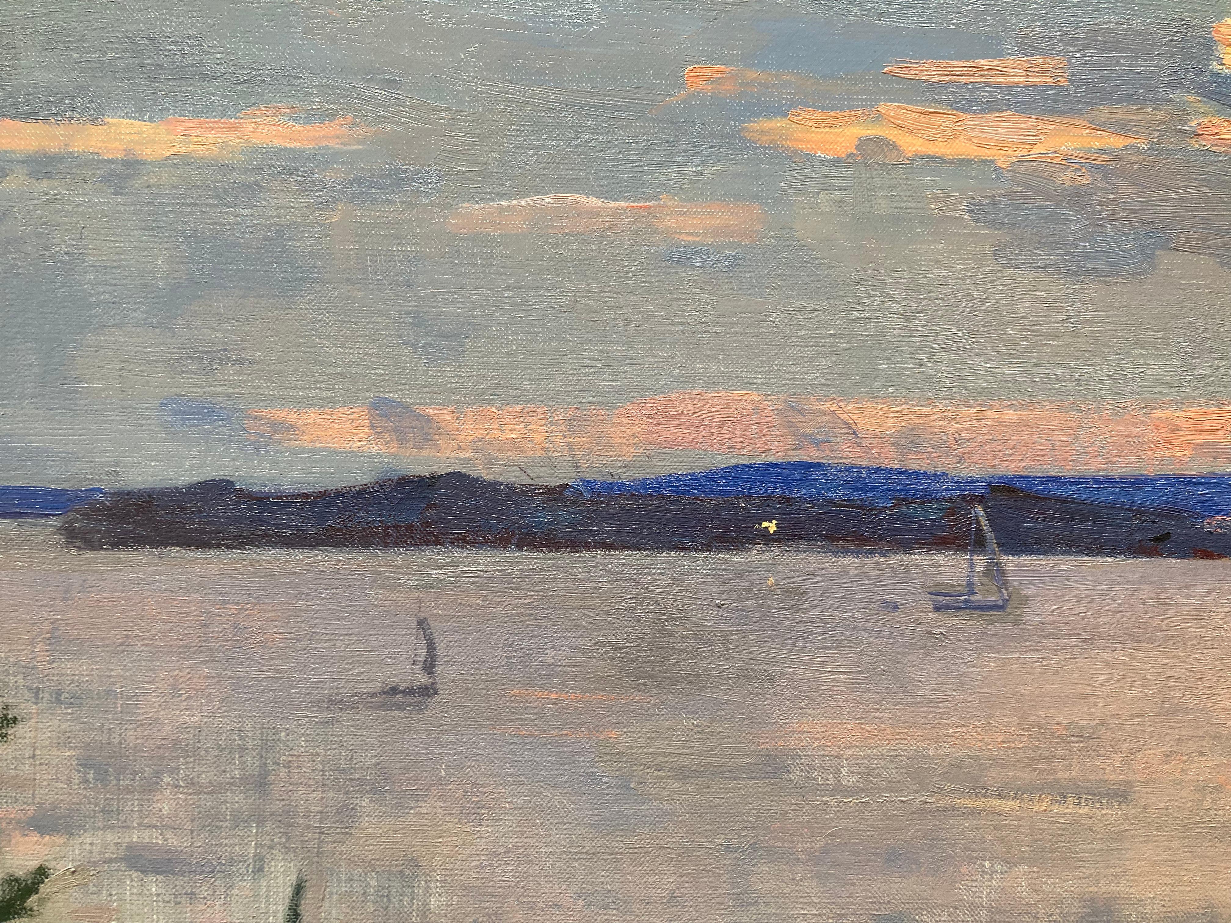 Sunset Over the Islands - 2023 Impressionist Harbor - peinture en plein air en vente 2