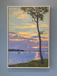 "Sunset, Shelter Island" plein air painting of harbor, pink, orange, blue tones