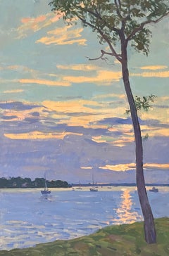 "Atardecer, Shelter Island" pintura plein air del puerto, tonos rosas, naranjas, azules