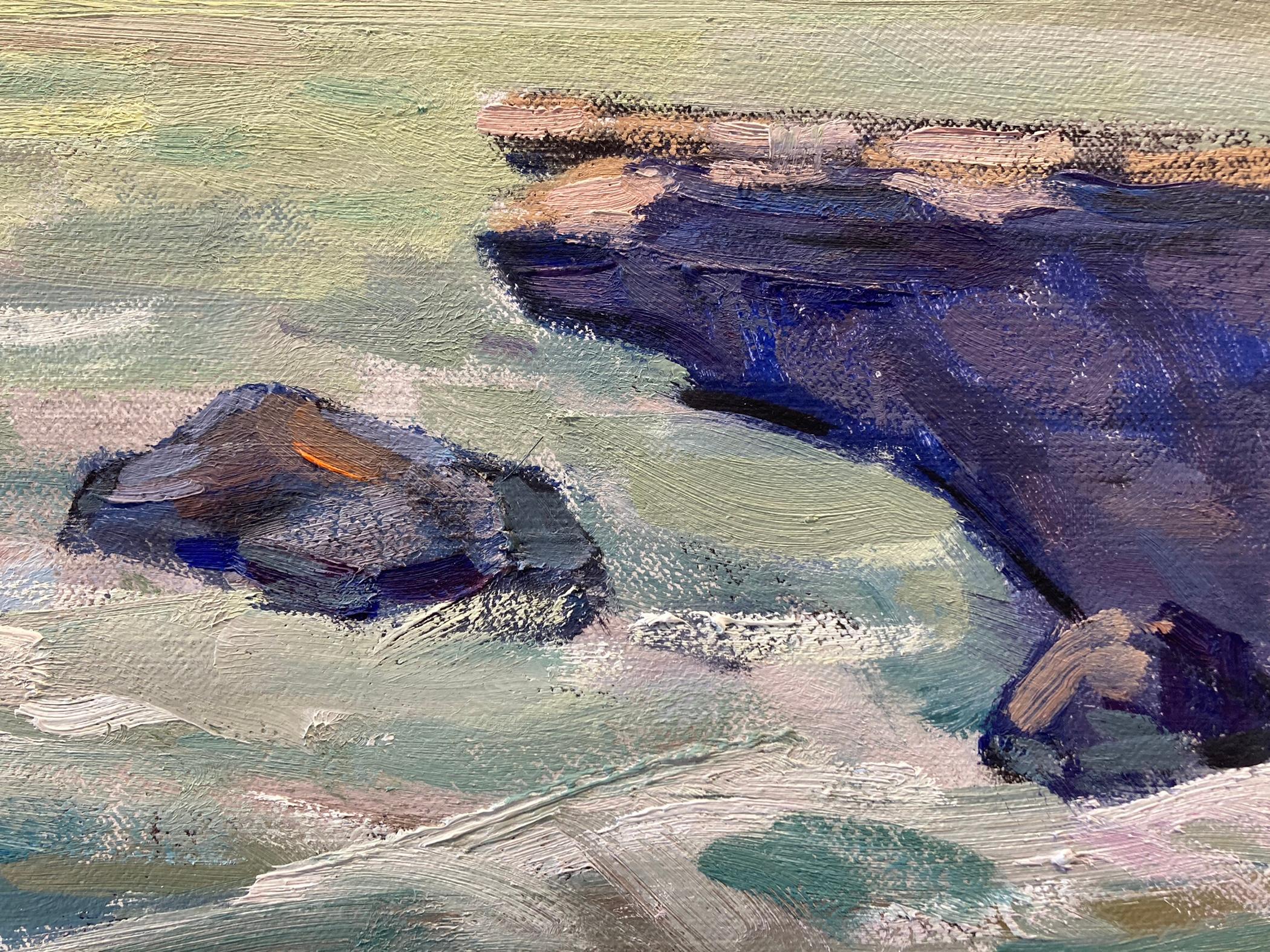 Il vecchio molo, giorno di tempesta - Landscape Painting Grigio di Viktor Butko