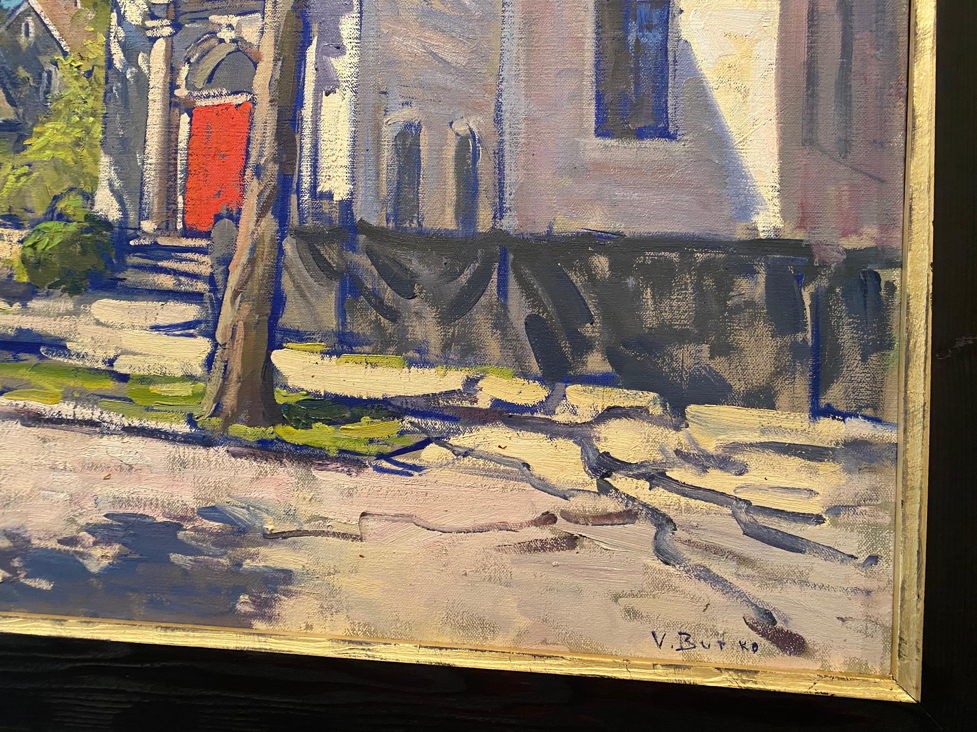 La porte rouge, Sag Harbor Church - Contemporain Painting par Viktor Butko