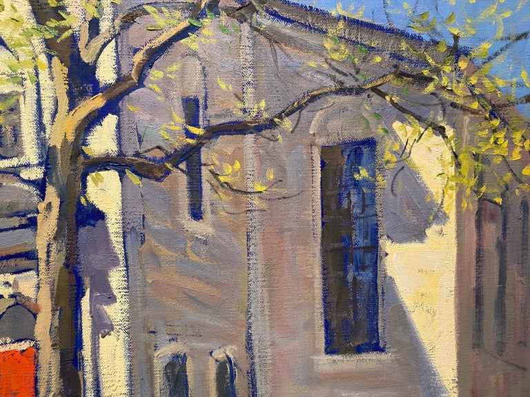 The Red Door, Sag Harbor Church - Gray Figurative Painting by Viktor Butko