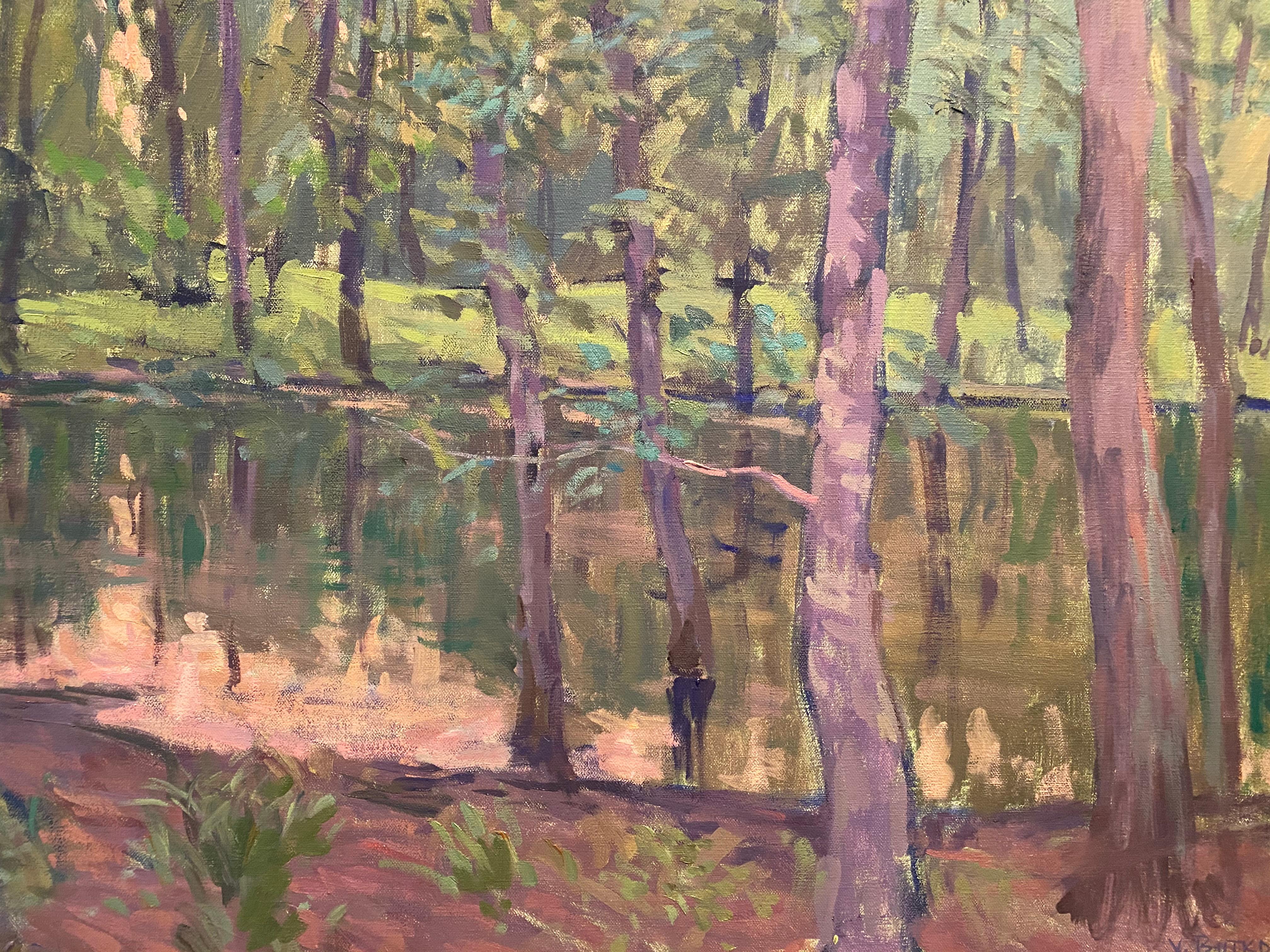 Oil on linen painting of a pond view in Shelter Island, at twilight. Butko paints this pond behind the house he stays in on shelter island often, at all different times of day and year. This particular scene, shows lush green trees and verdure