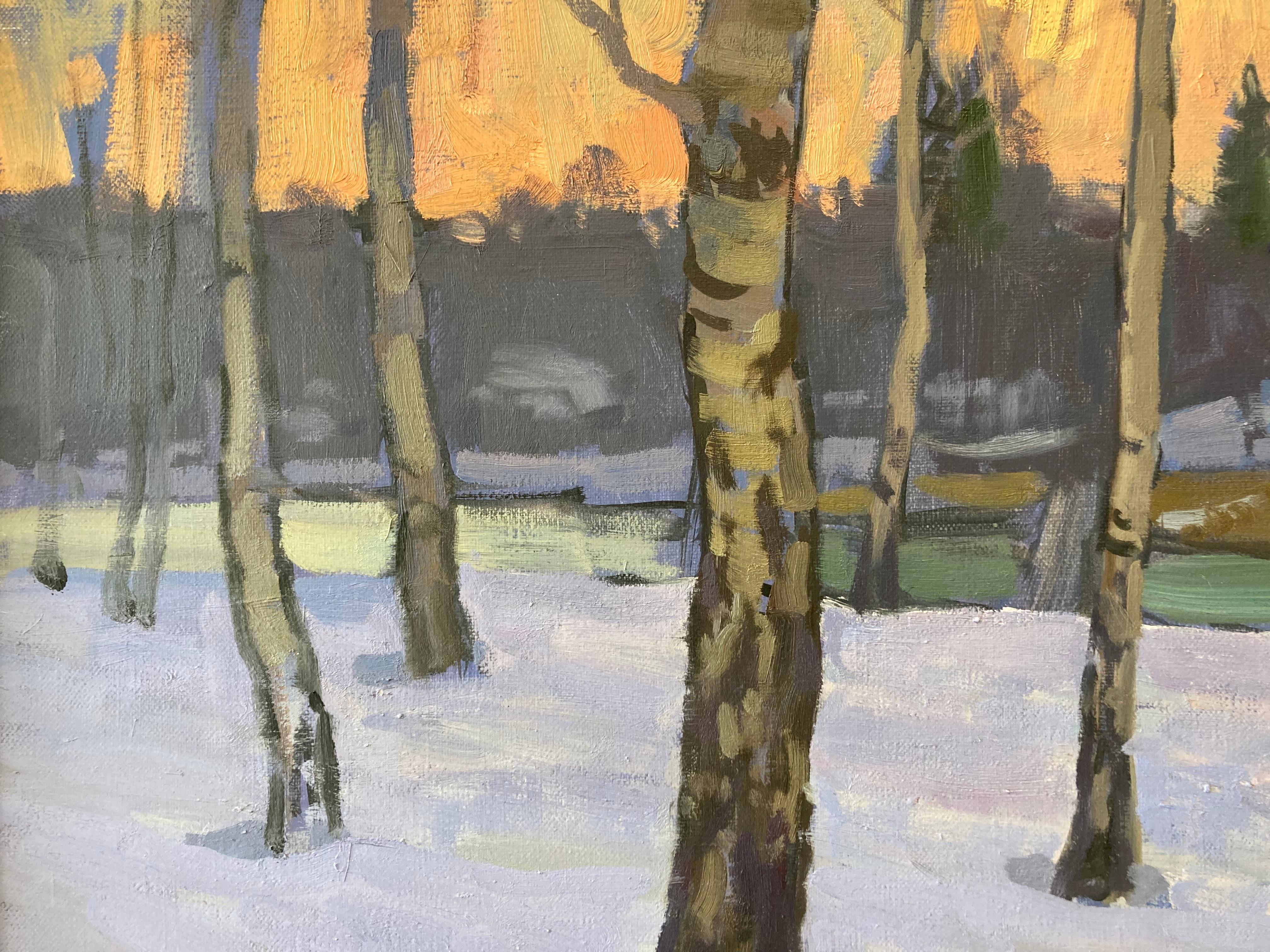 An impressionist painting of trees silhouetted against a bright sunset. The contrast between the subtle colors in the trees and the warm glowing colors of the sky. The trees in the distance fade into a warm dark purple and the lavender field of snow