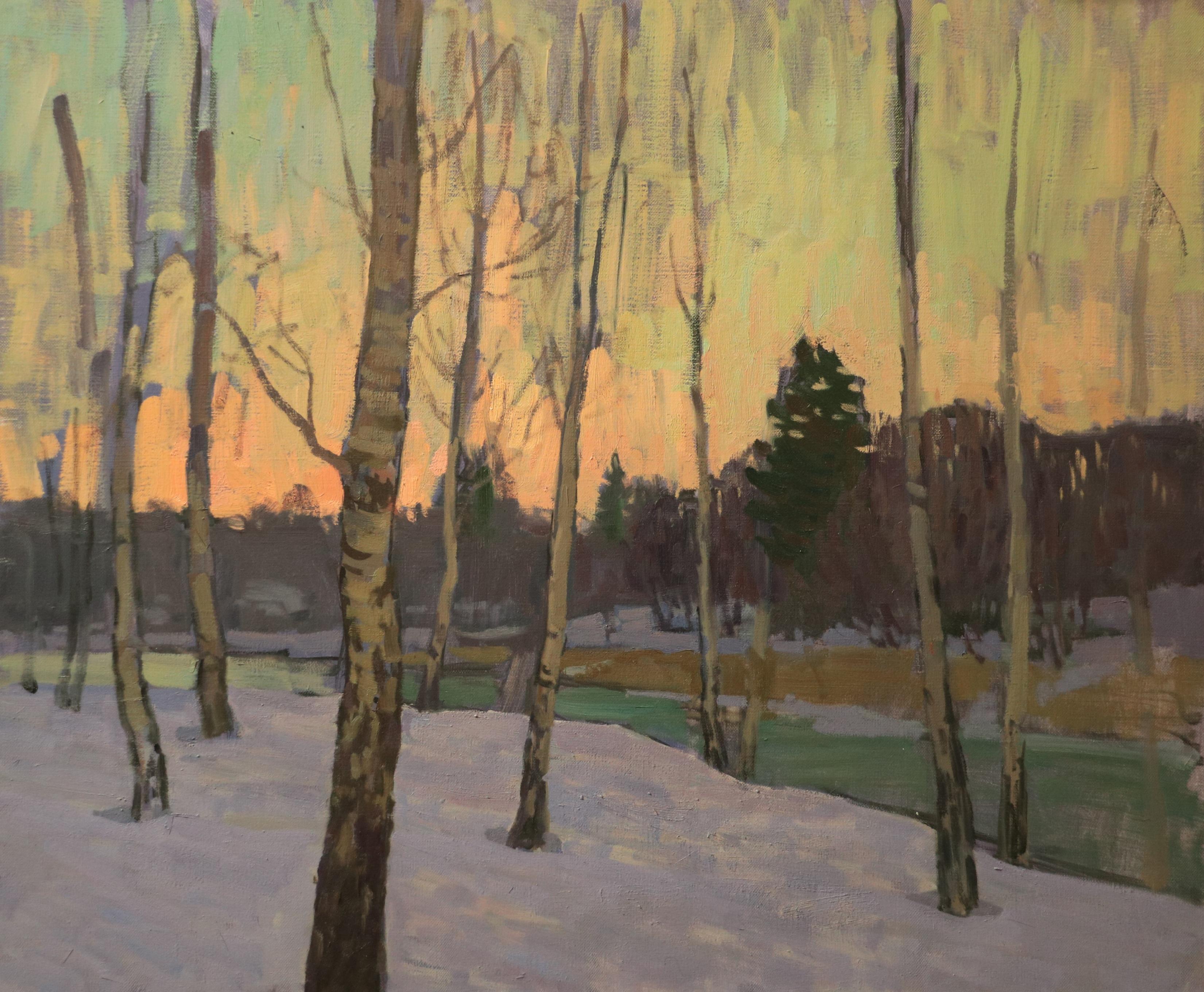 Still-Life Painting di Viktor Butko - "Tramonto d'inverno" - 2022 paesaggio contemporaneo ad olio con scena di neve e cielo colorato