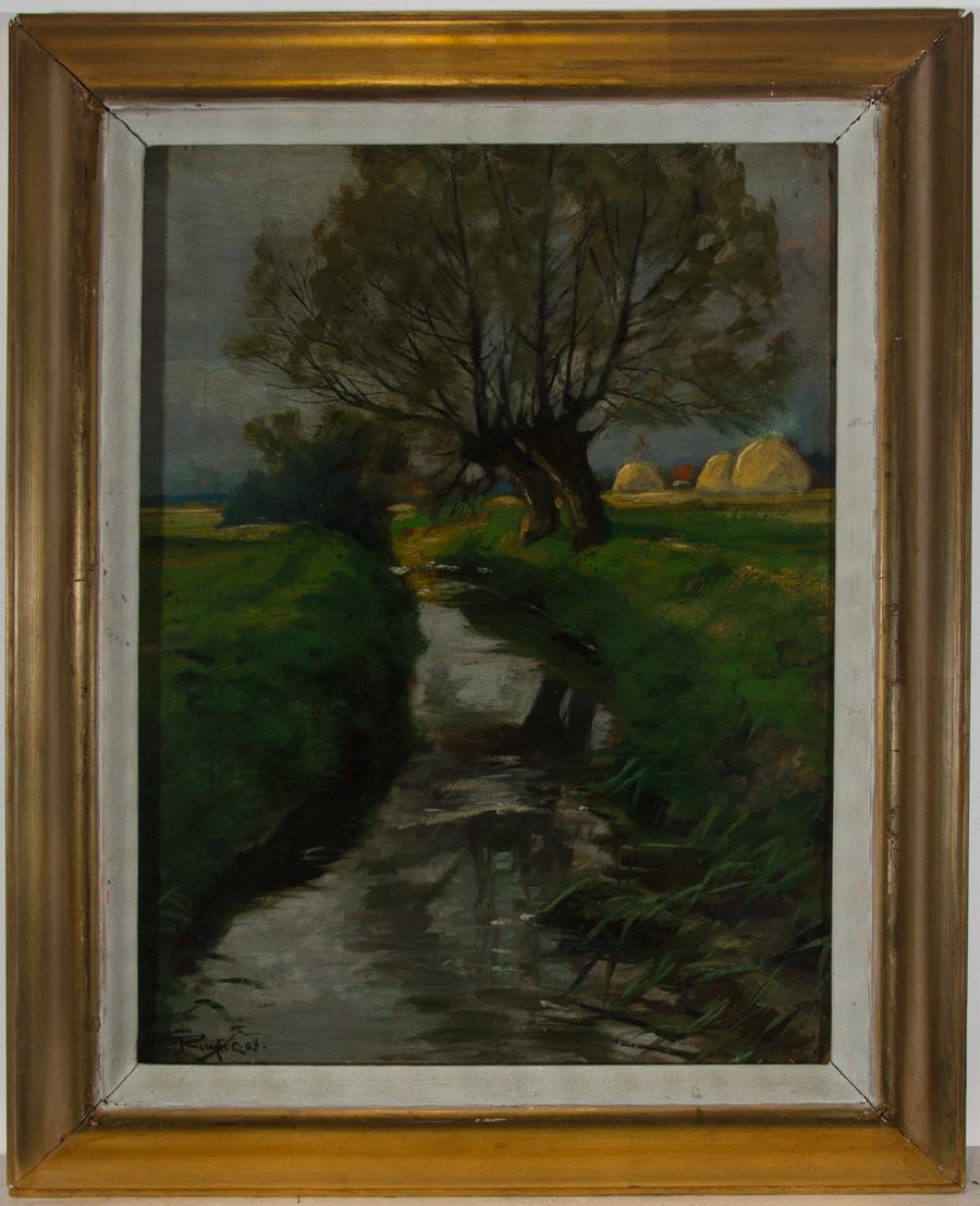 A fine original work by the German born artist Viktor de Ruyter (b.1870), depicting a rural countryside brook, with hay stooks in the distance. Ruyter has instilled a particular sense of both harmony and movement in this view, with an unusual