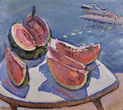 Russian Impressionist Signed Original Oil - Watermelons on Table with Harbour