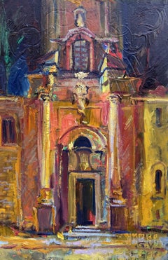 Presenza (Chiesa notturna), dipinto paesaggistico impressionista, olio su tela