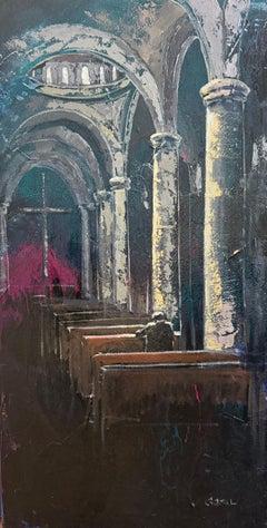 „Stille“, abstrakte figurative Szenenmalerei, Öl und Acryl auf Leinwand