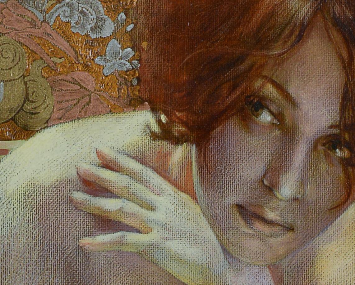 Materiali: Olio su tela, foglia d'oro, rame e argento, pastello a olio

L'immagine di una donna seduta di fronte allo specchio che pensa