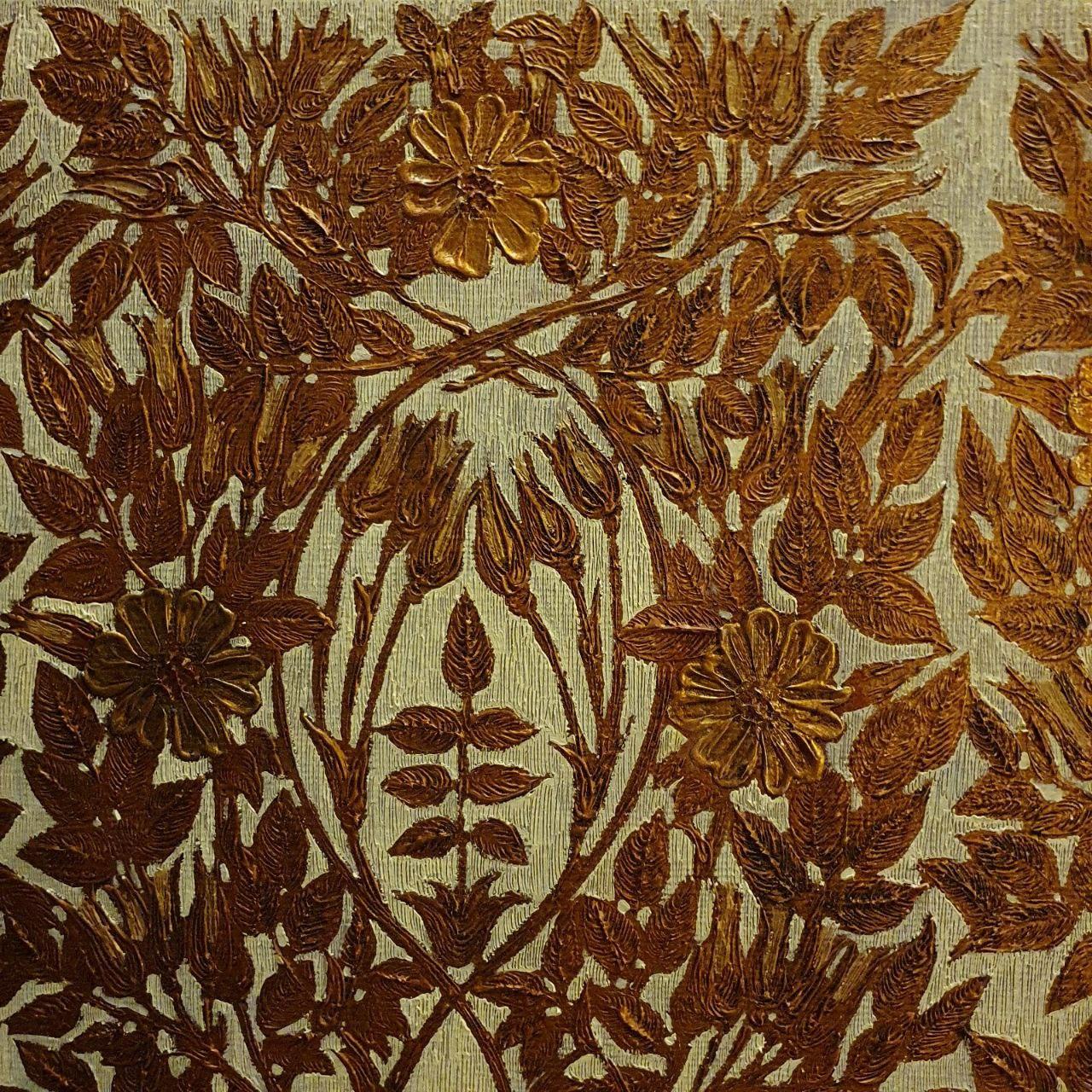 Materiales: Óleo sobre lienzo, pasta de textura, pan de oro

Una imagen de que una persona que vive en armonía sigue estando sujeta a la tentación ...