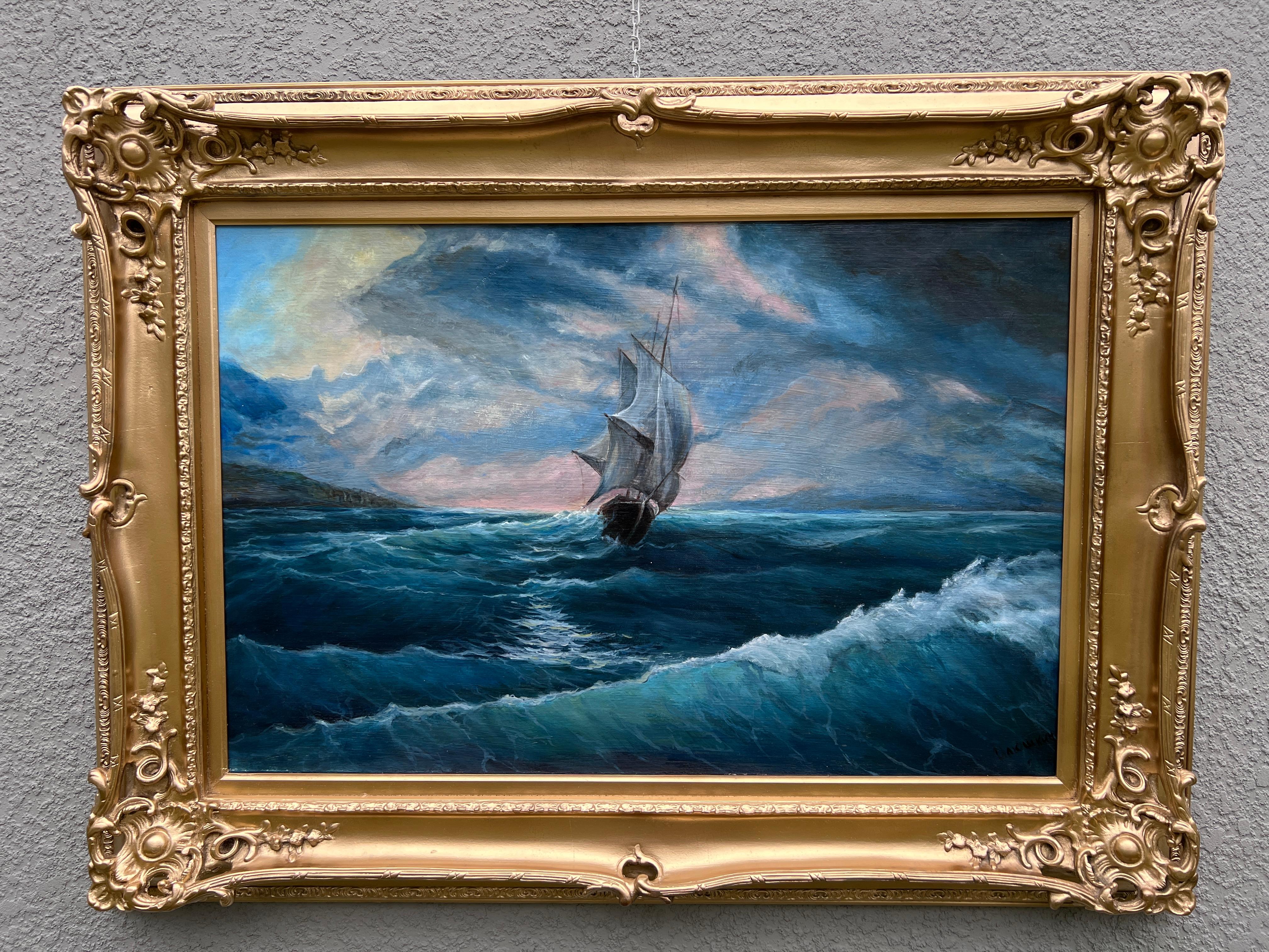 Russischer Künstler signiert große Ölgemälde Leinwand Seelandschaft w / Ornate Gold Frame im Angebot 5